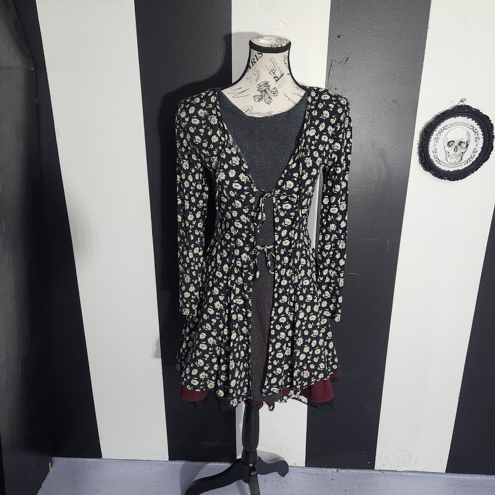 Vintage Black Mini Dress with Cream Floral Print